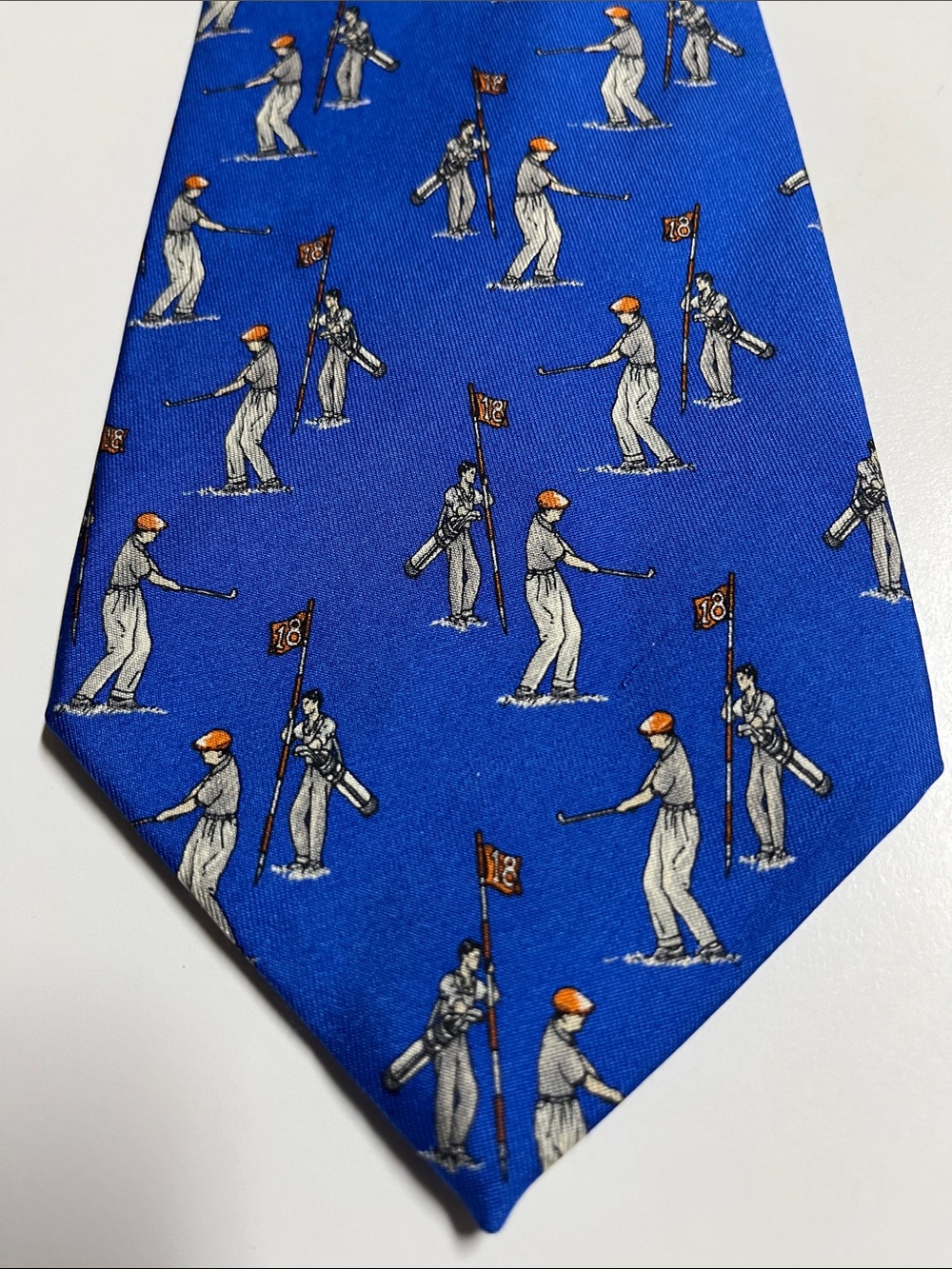 Vtg Polo, Ralph Lauren blue silk golf novelty Tie Golfer motif. Made in Italy.